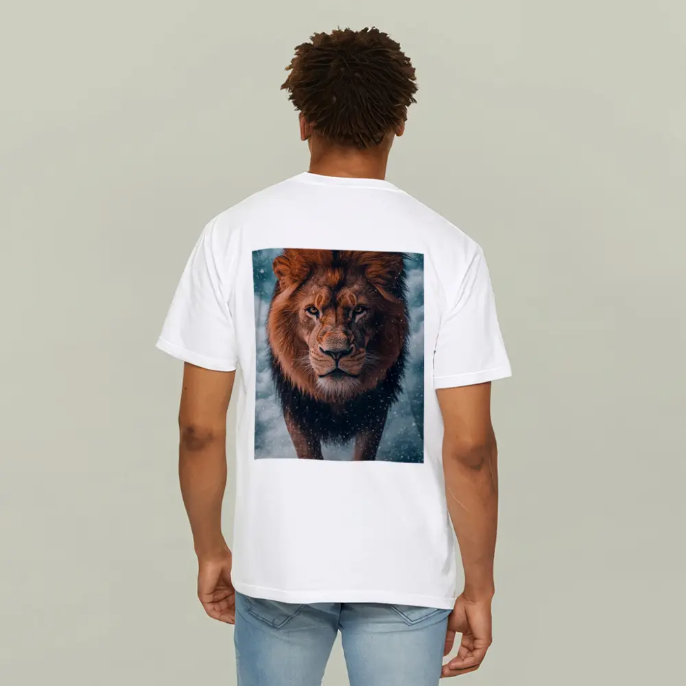 Lion Walking Through Snow and Clouds – T-Shirts
