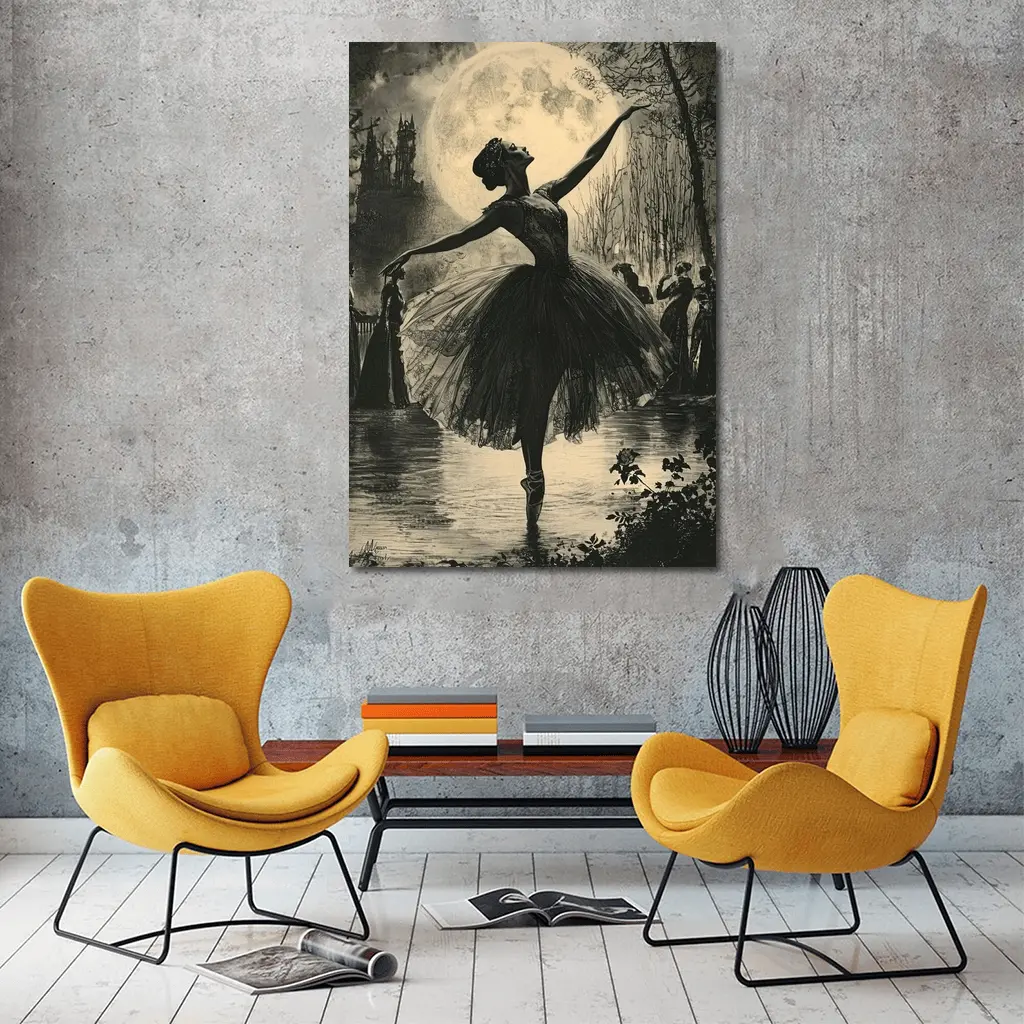 Ballerina Dancing Under Full Moon Night – Wall Art