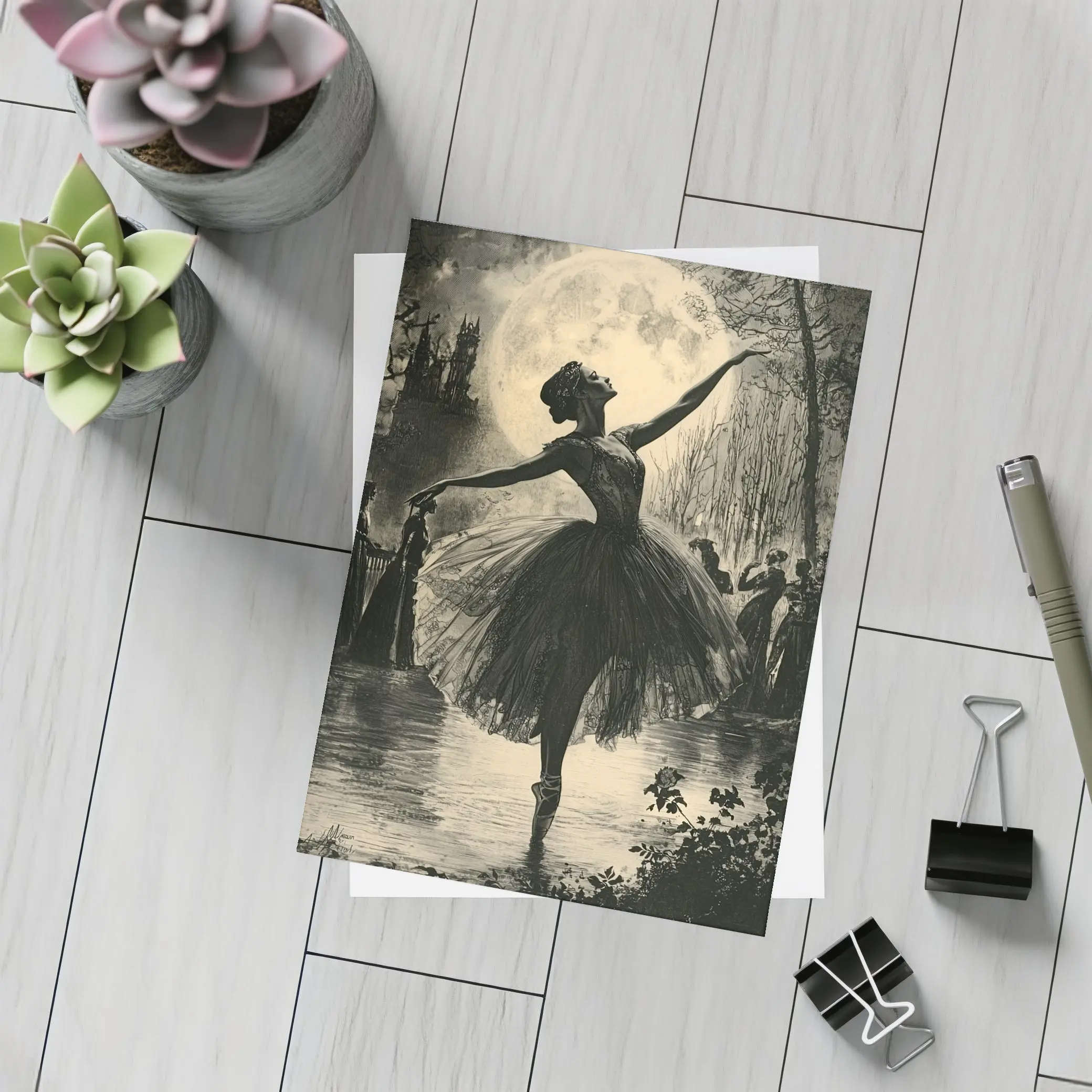 Ballerina Dancing Under Full Moon Night – Postcards