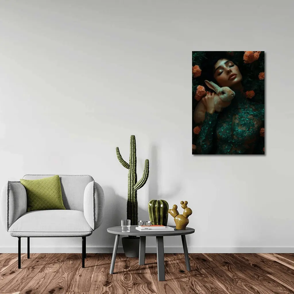 Woman With Rabbit Among Orange Flowers – Wall Art