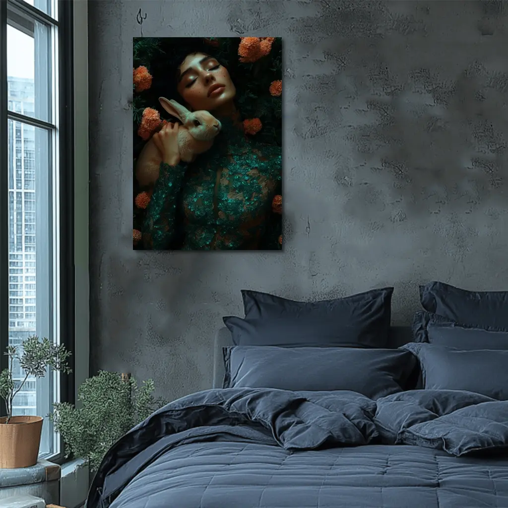 Woman With Rabbit Among Orange Flowers – Wall Art