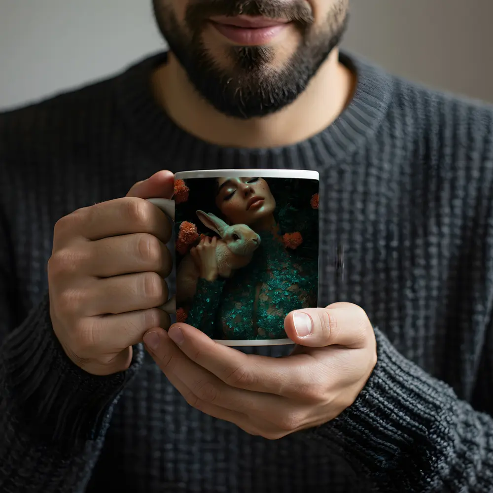Woman With Rabbit Among Orange Flowers – Mugs
