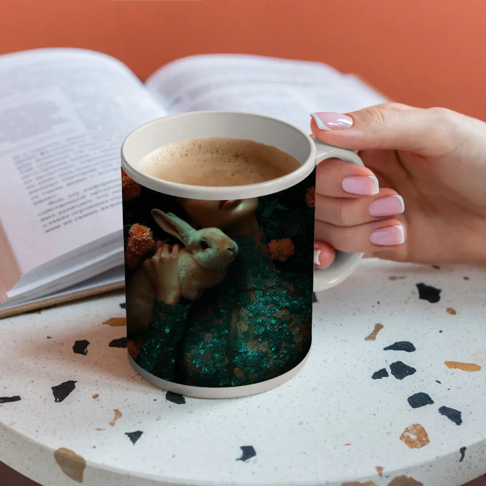 Woman With Rabbit Among Orange Flowers – Mugs