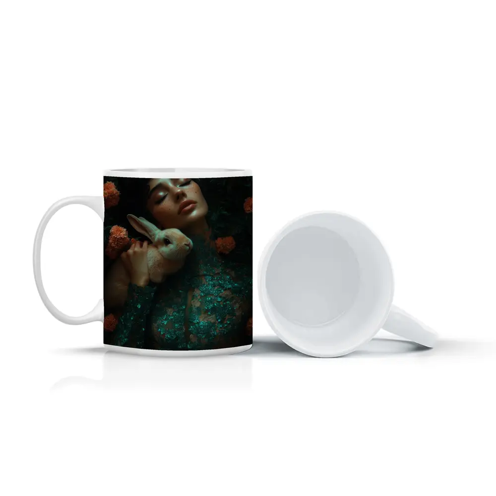 Woman With Rabbit Among Orange Flowers – Mugs