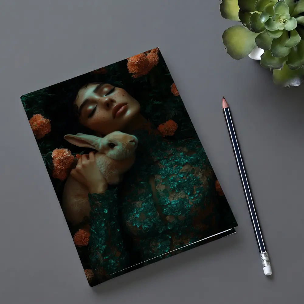Woman With Rabbit Among Orange Flowers – Notebooks