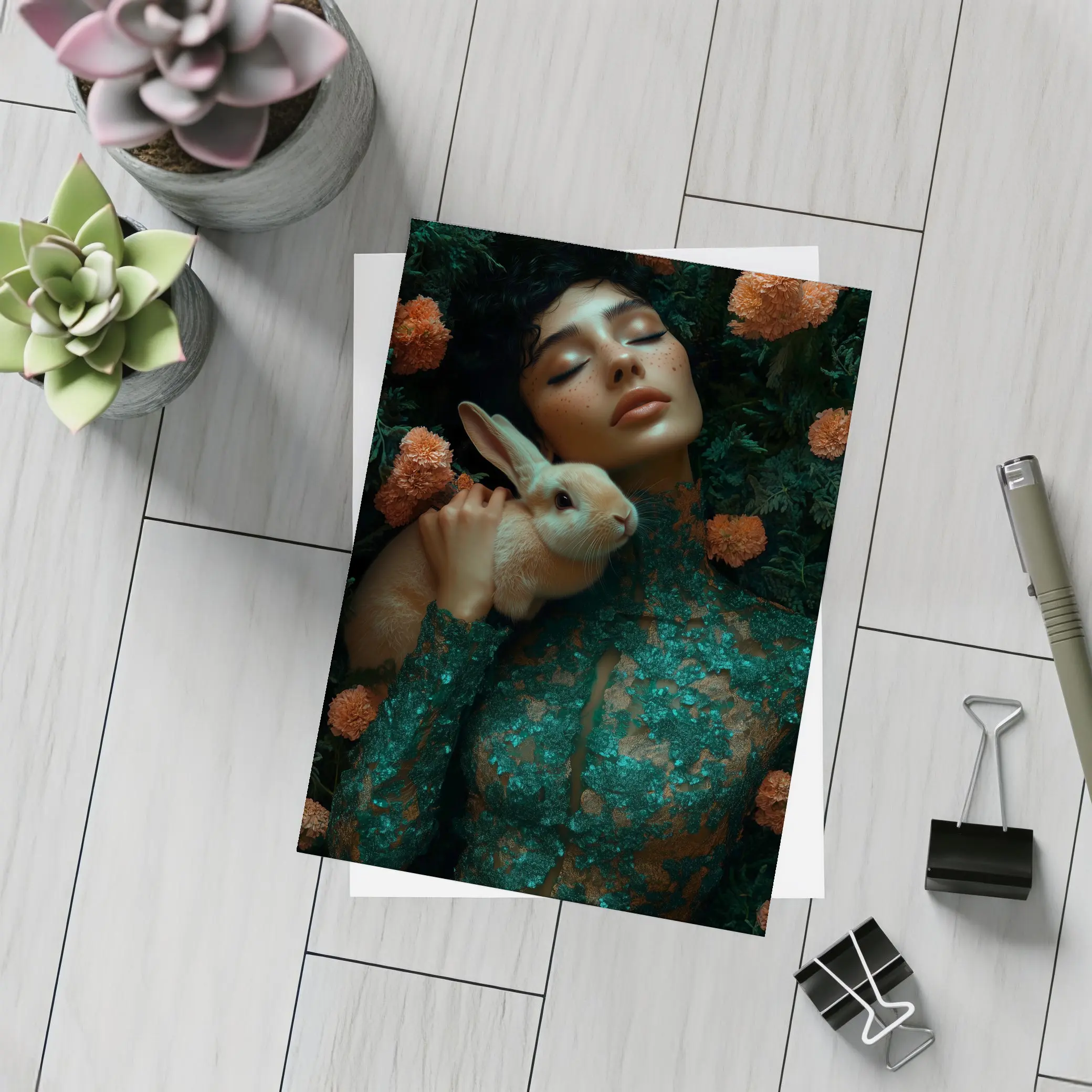 Woman With Rabbit Among Orange Flowers – Postcards