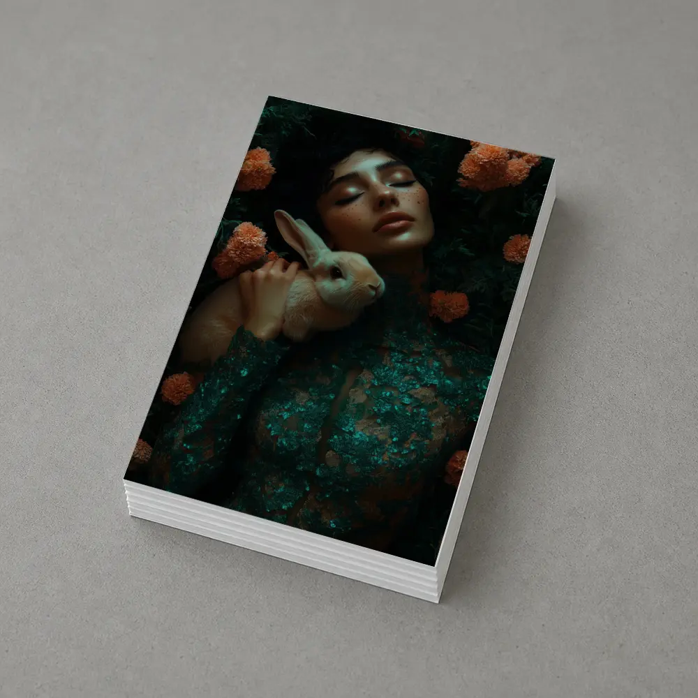 Woman With Rabbit Among Orange Flowers – Postcards