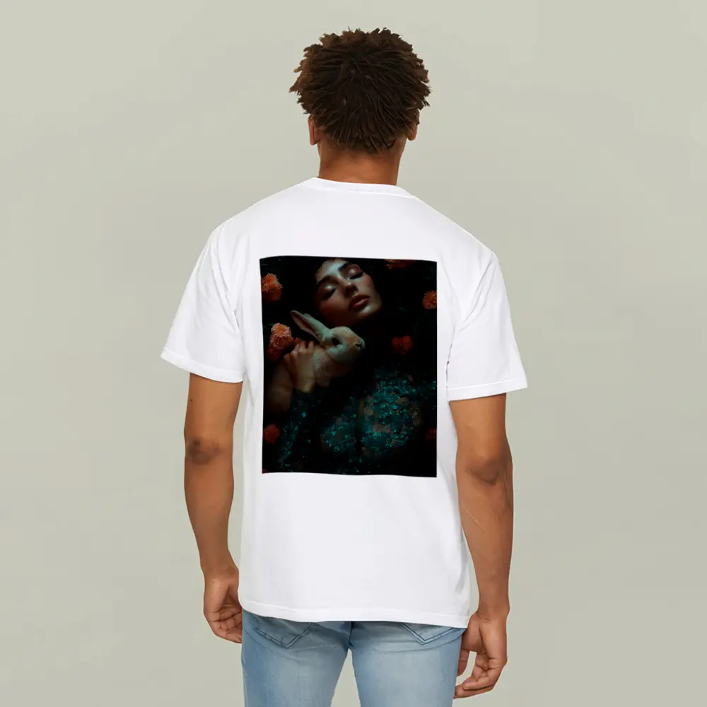 Woman With Rabbit Among Orange Flowers – T-Shirts