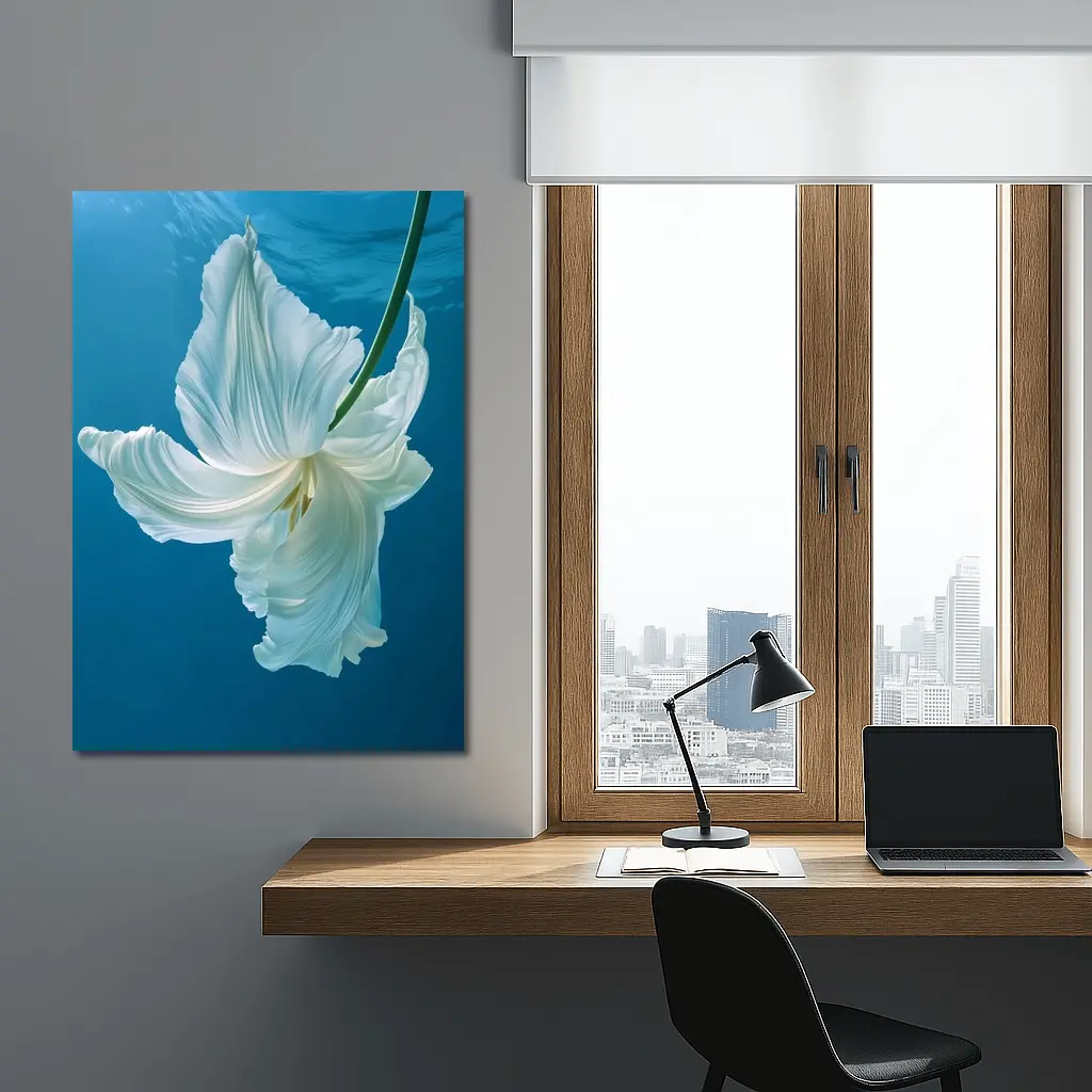 White Tulip Floating Underwater Blue Background – Wall Art