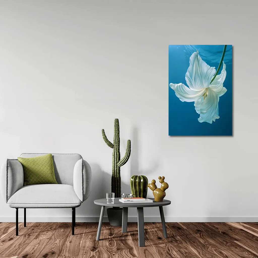 White Tulip Floating Underwater Blue Background – Wall Art