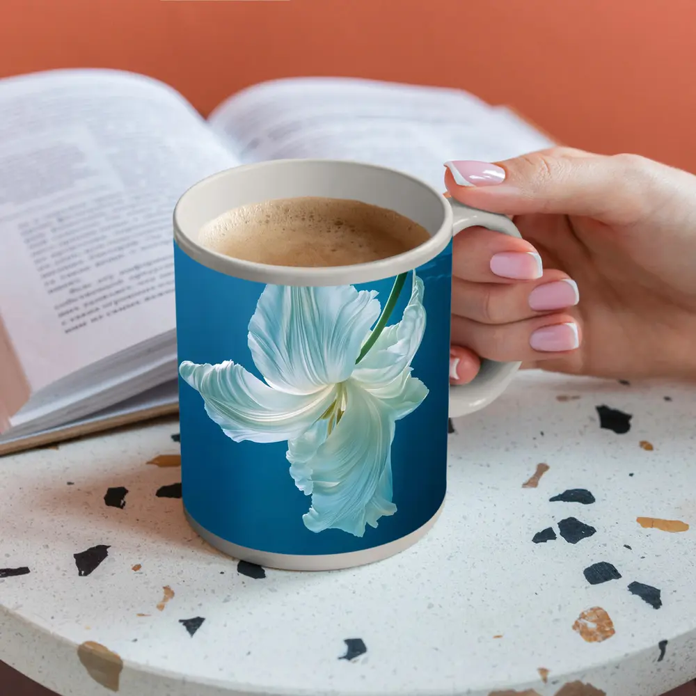 White Tulip Floating Underwater Blue Background – Mugs