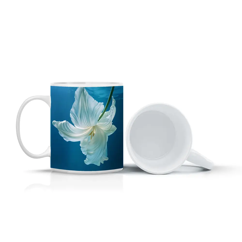 White Tulip Floating Underwater Blue Background – Mugs