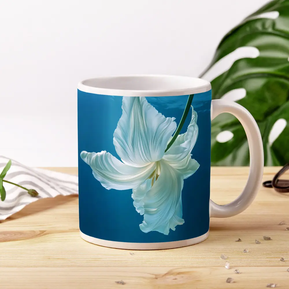 White Tulip Floating Underwater Blue Background – Mugs