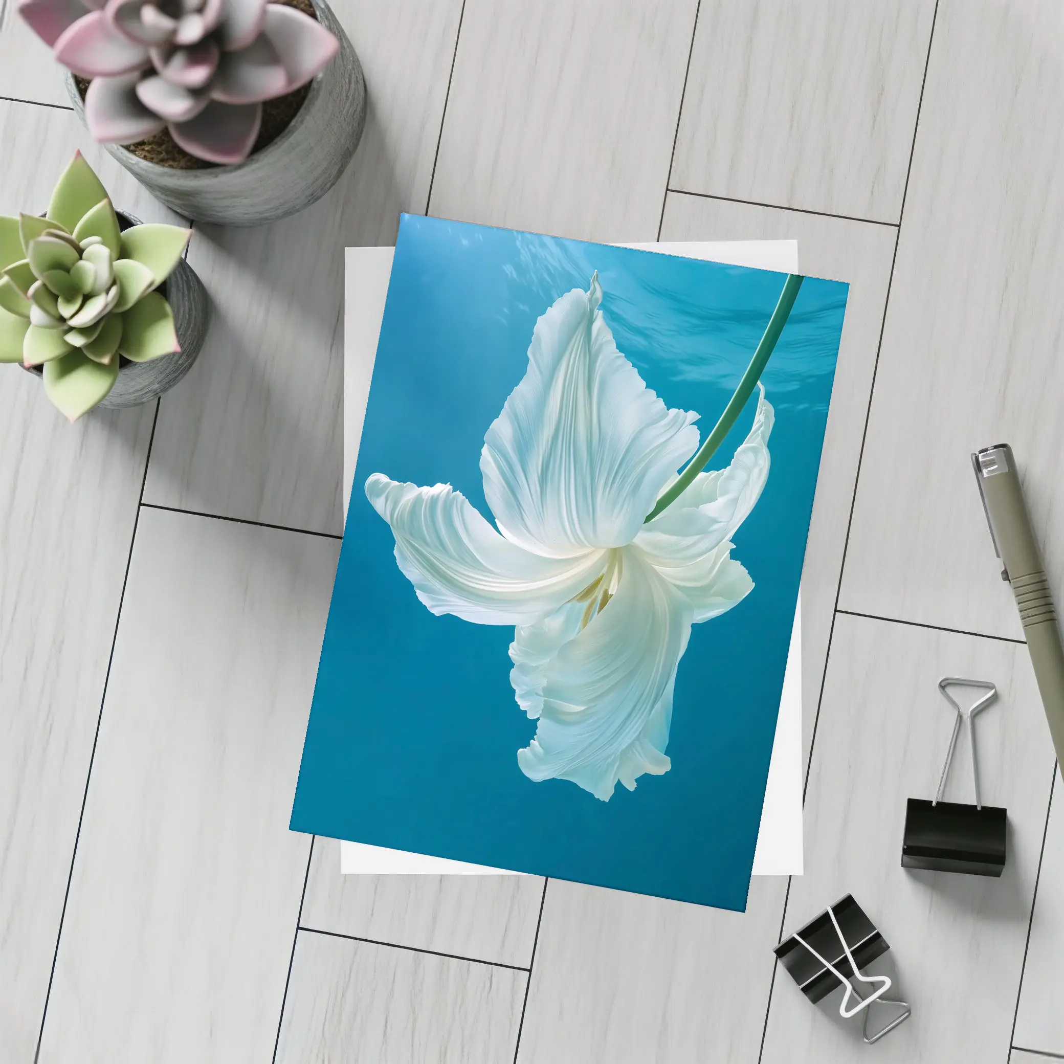 White Tulip Floating Underwater Blue Background – Postcards