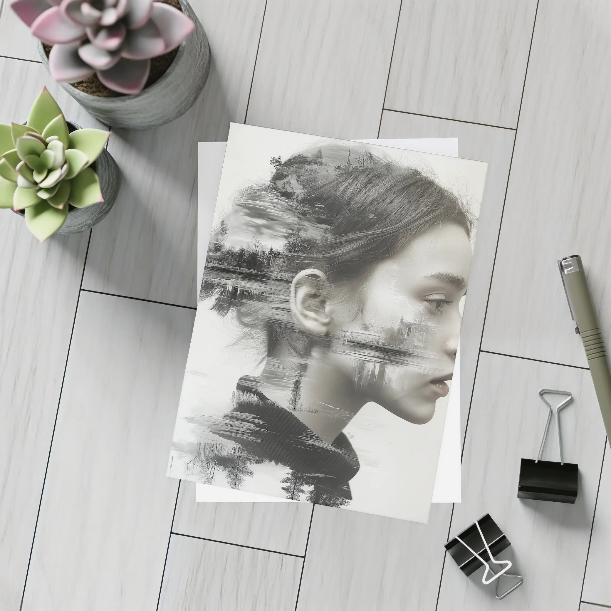 Woman Portrait Double Exposure Lake Forest – Postcards