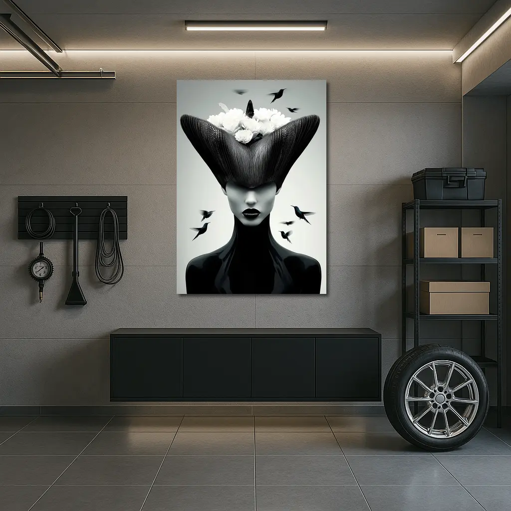 Woman Black Hat White Flowers Hummingbirds – Wall Art