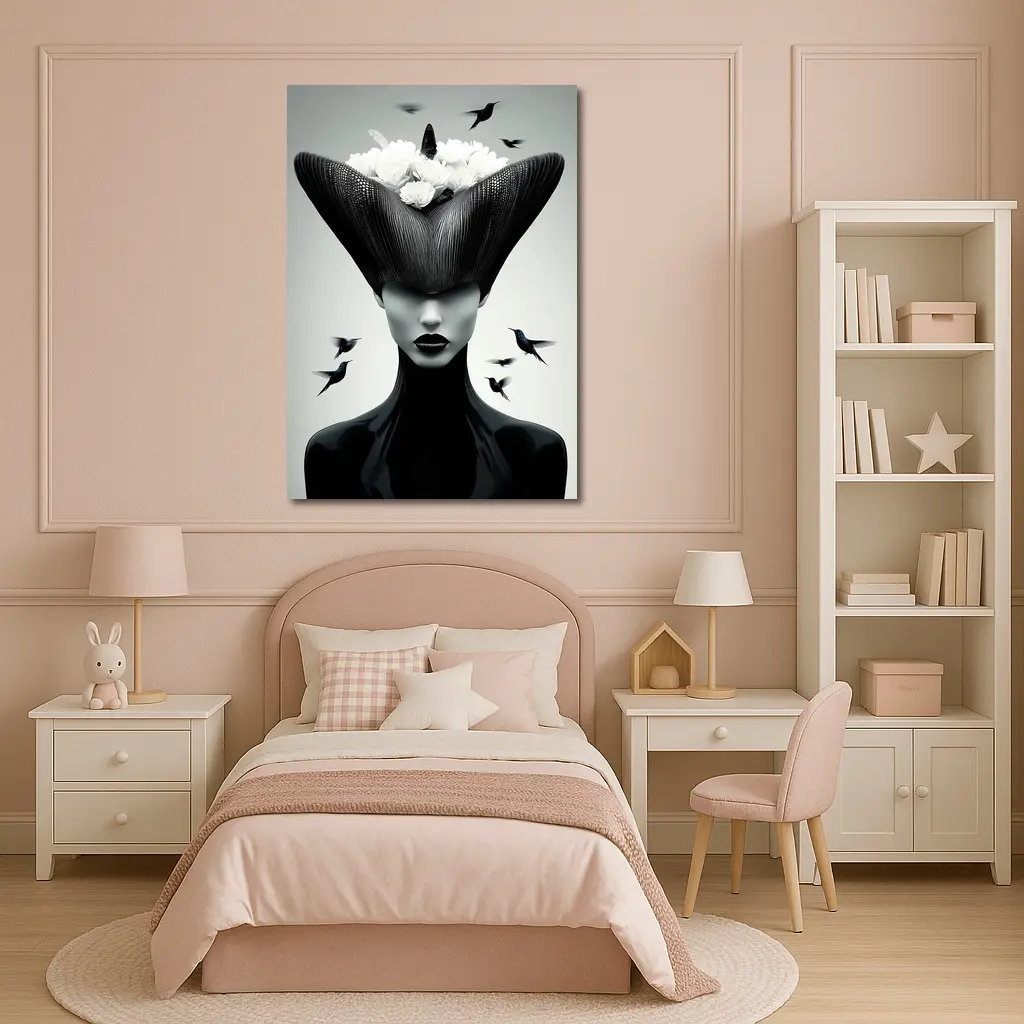 Woman Black Hat White Flowers Hummingbirds – Wall Art