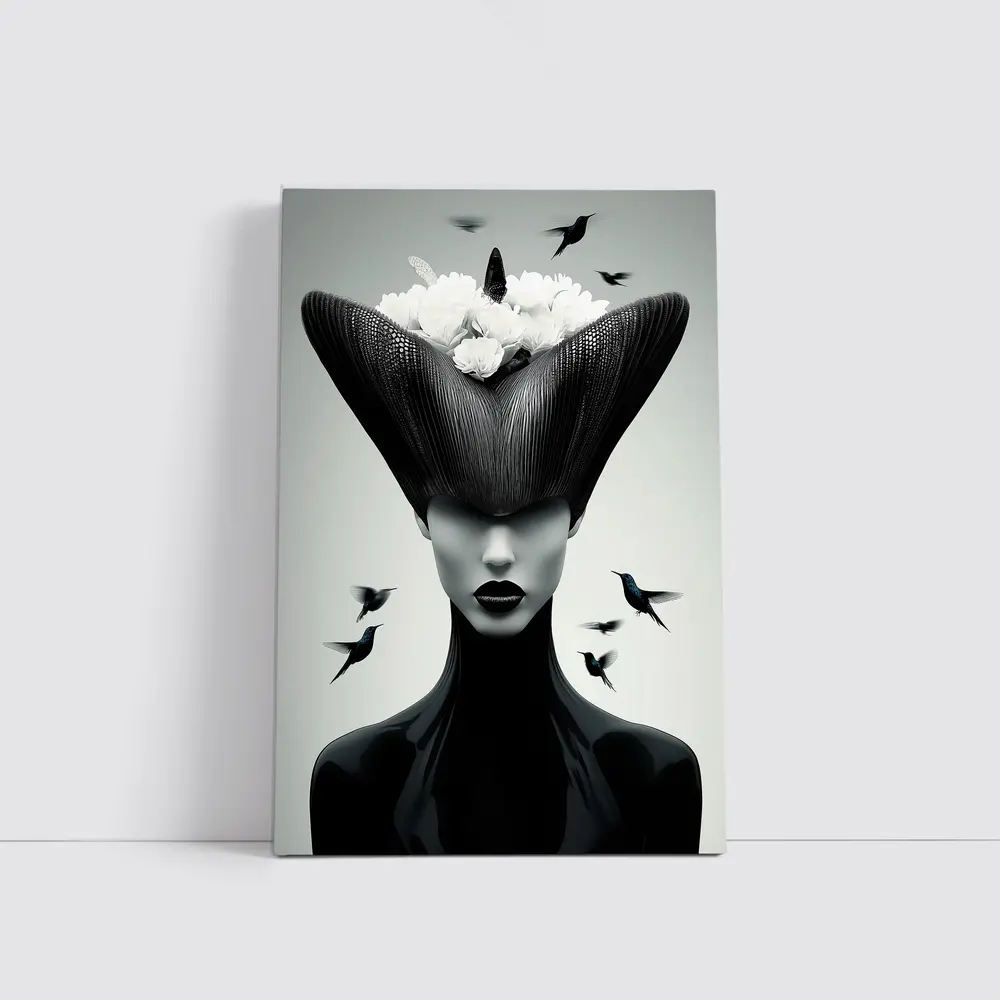 Woman Black Hat White Flowers Hummingbirds – Wall Art