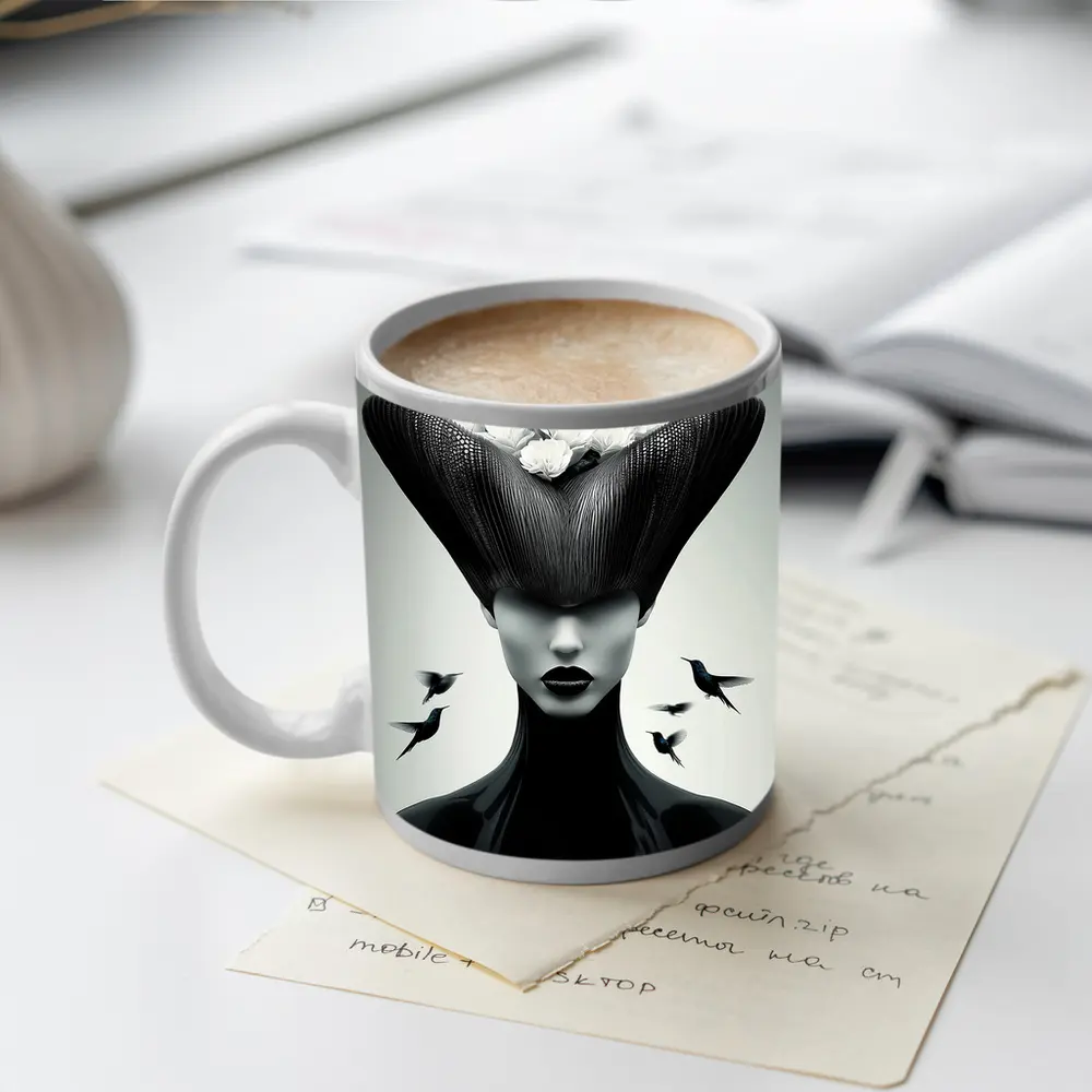Woman Black Hat White Flowers Hummingbirds – Mugs