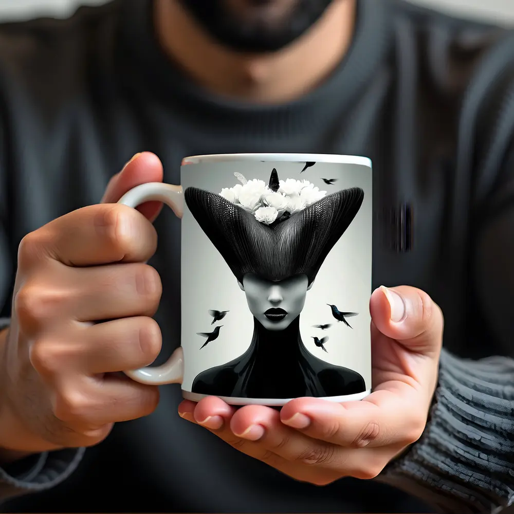 Woman Black Hat White Flowers Hummingbirds – Mugs