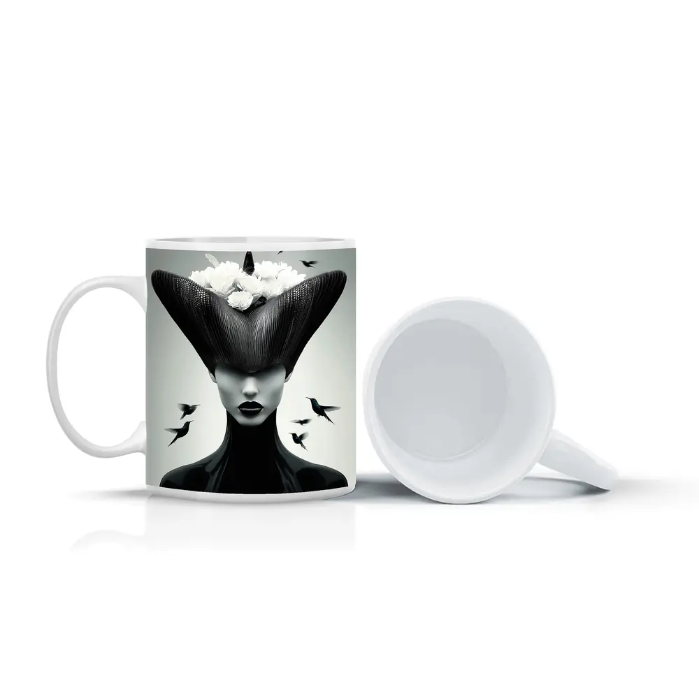 Woman Black Hat White Flowers Hummingbirds – Mugs