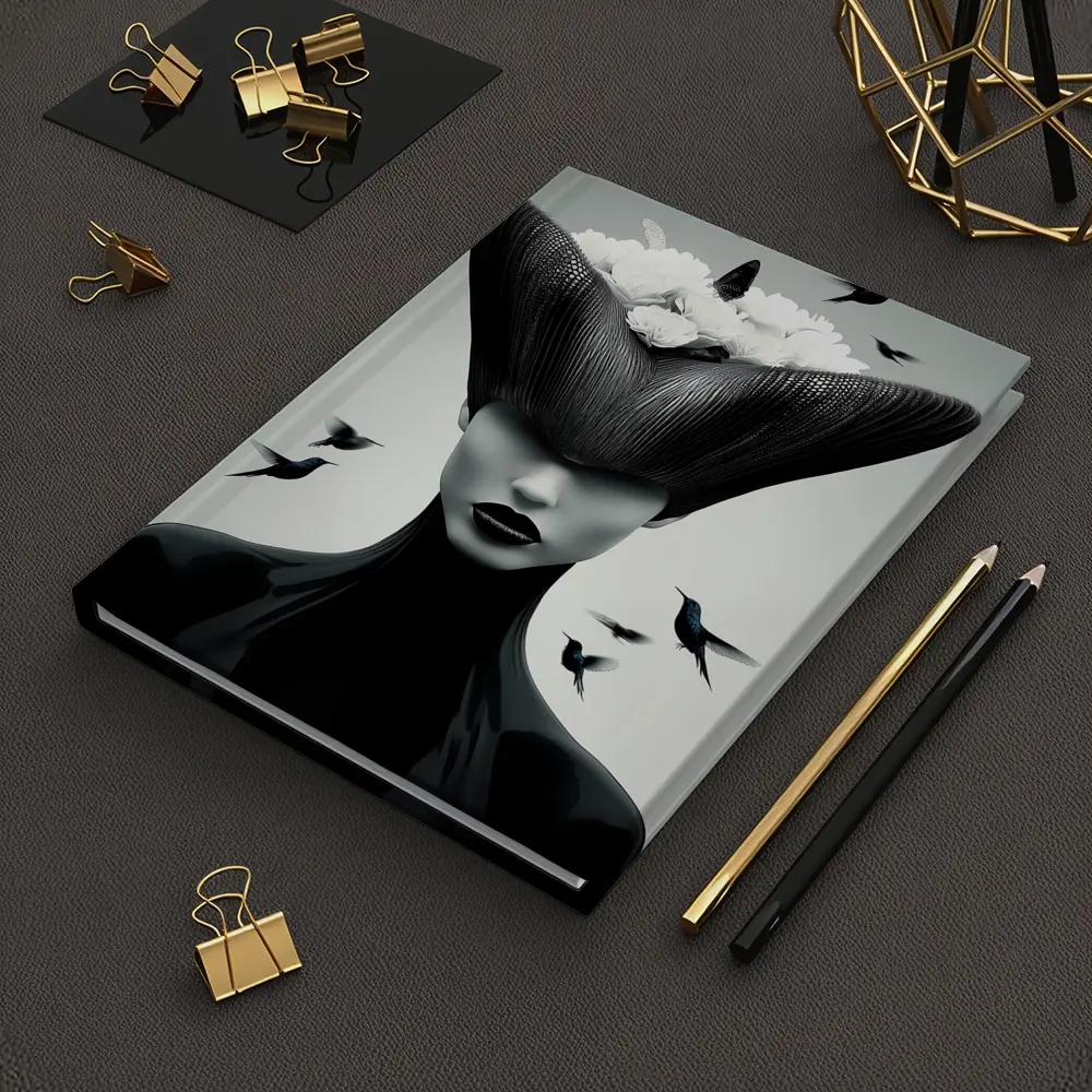 Woman Black Hat White Flowers Hummingbirds – Notebooks