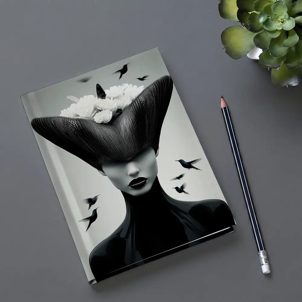 Woman Black Hat White Flowers Hummingbirds – Notebooks