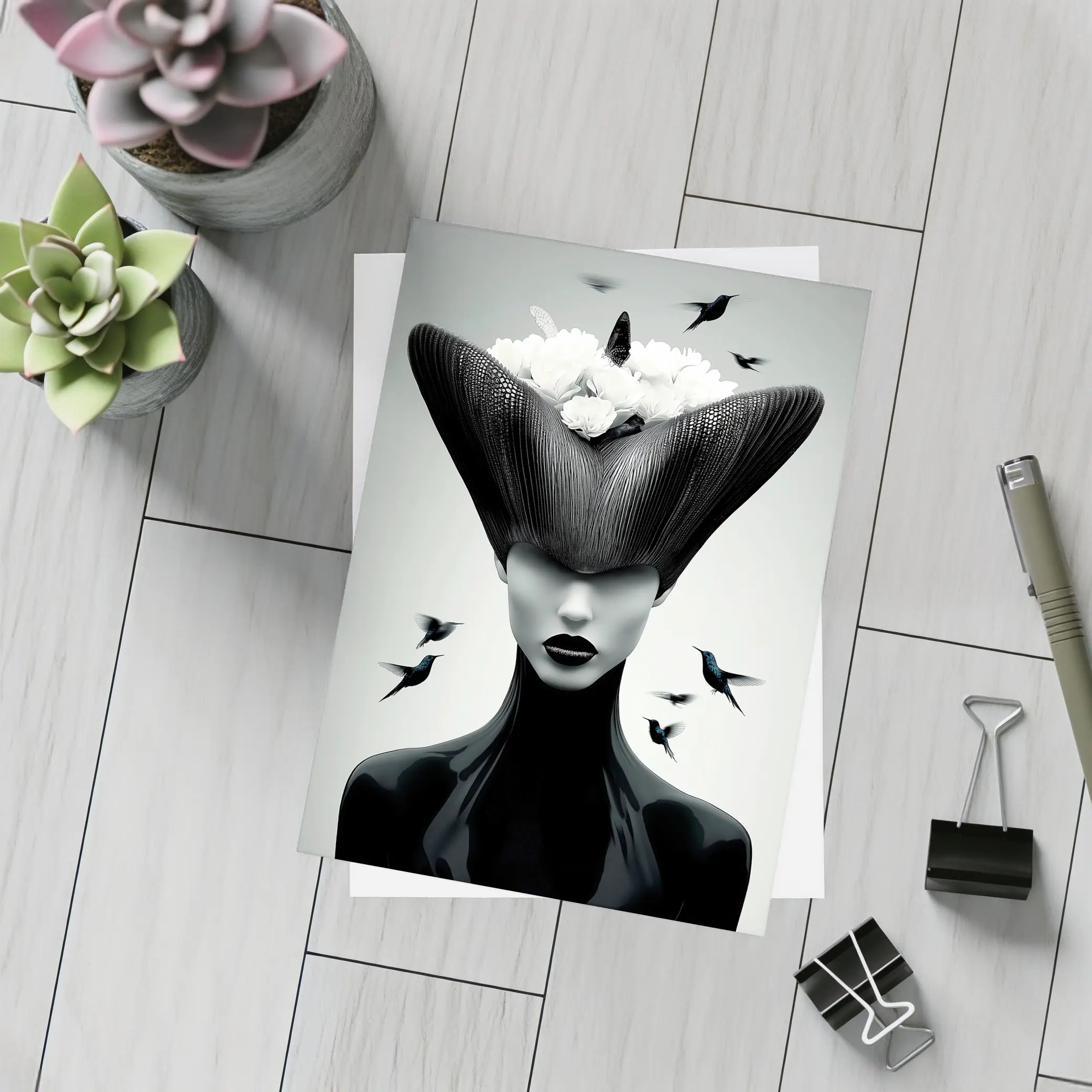 Woman Black Hat White Flowers Hummingbirds – Postcards