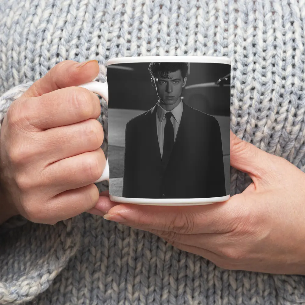 Young Man Suit City Night Street – Mugs