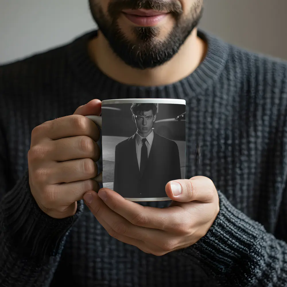 Young Man Suit City Night Street – Mugs
