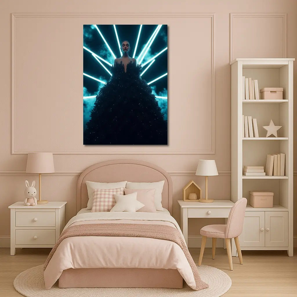 Woman Black Gown Neon Cyan Light Rays – Wall Art