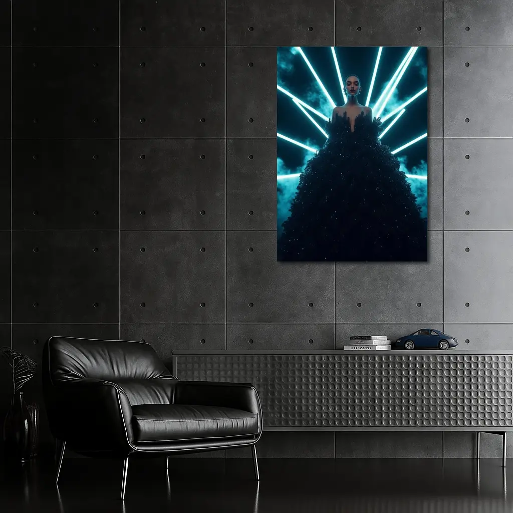 Woman Black Gown Neon Cyan Light Rays – Wall Art