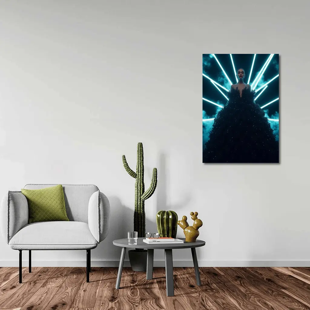 Woman Black Gown Neon Cyan Light Rays – Wall Art