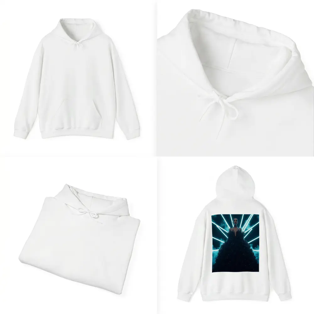 Woman Black Gown Neon Cyan Light Rays – Hoodies
