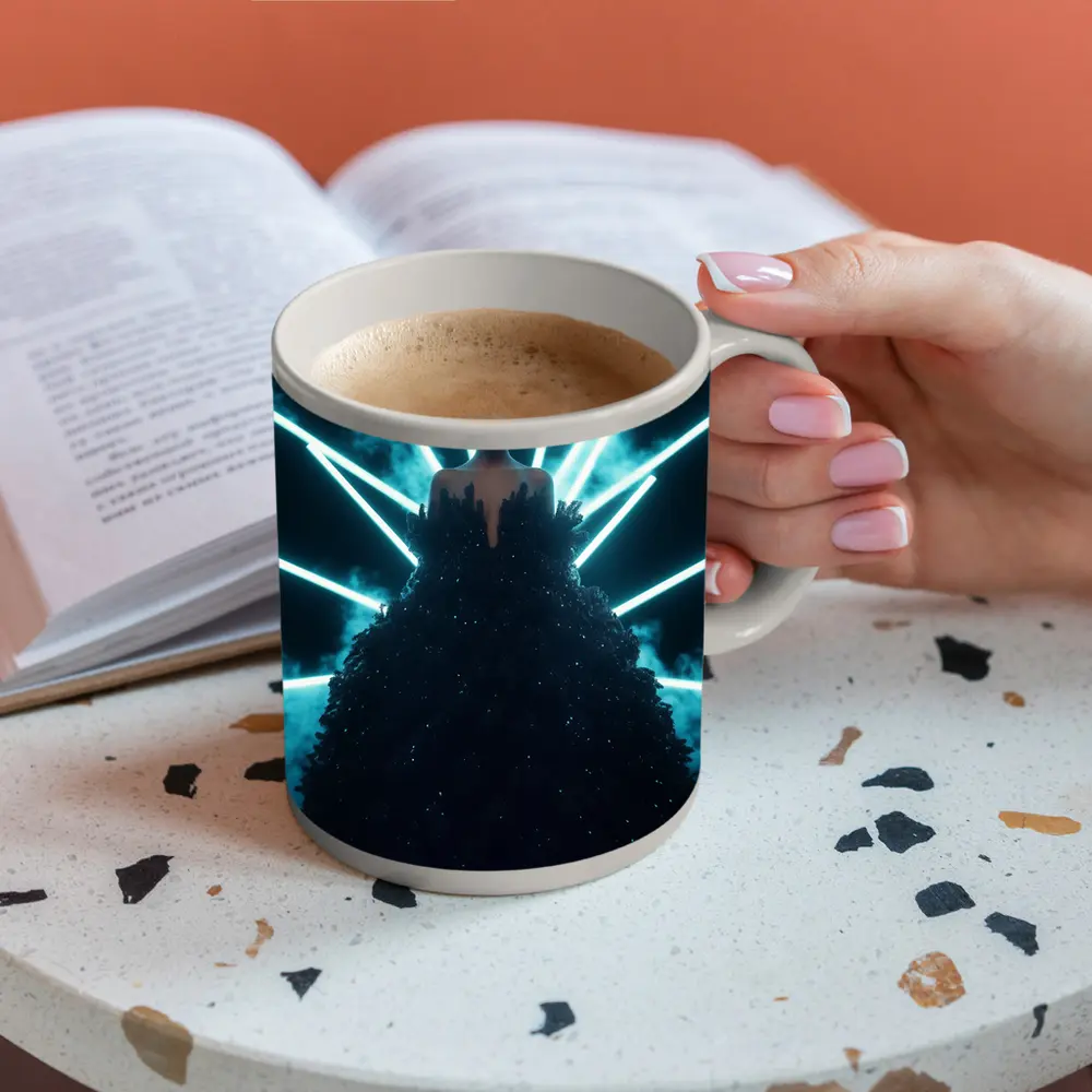 Woman Black Gown Neon Cyan Light Rays – Mugs