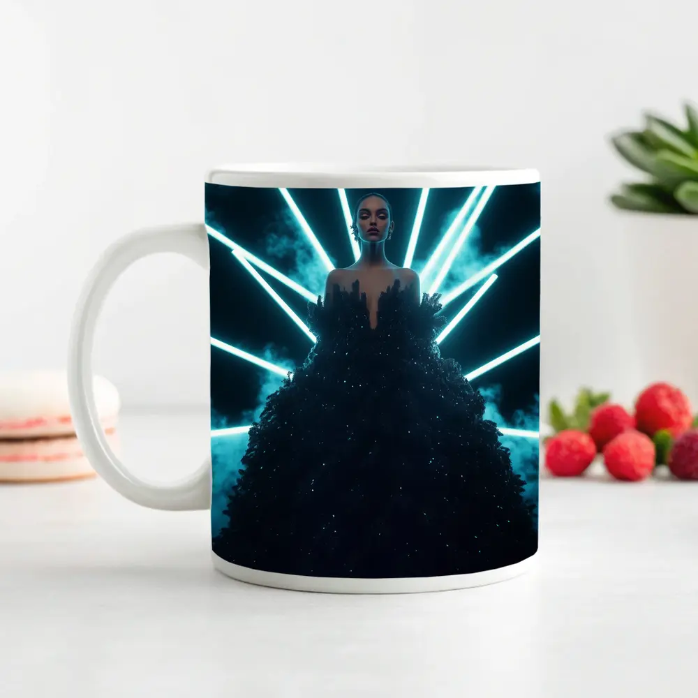 Woman Black Gown Neon Cyan Light Rays – Mugs