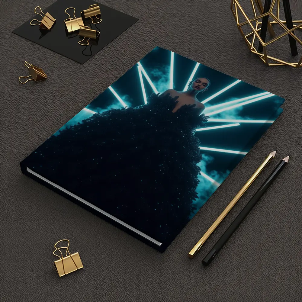 Woman Black Gown Neon Cyan Light Rays – Notebooks