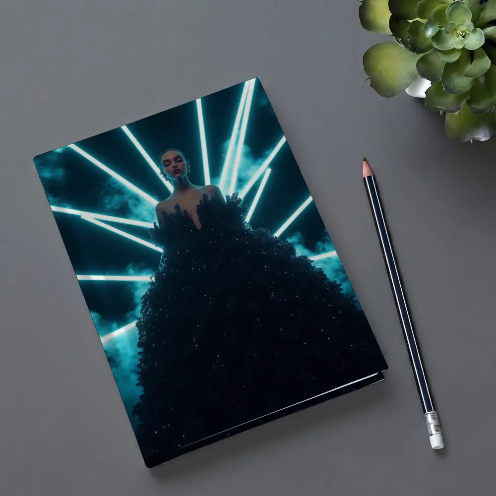 Woman Black Gown Neon Cyan Light Rays – Notebooks