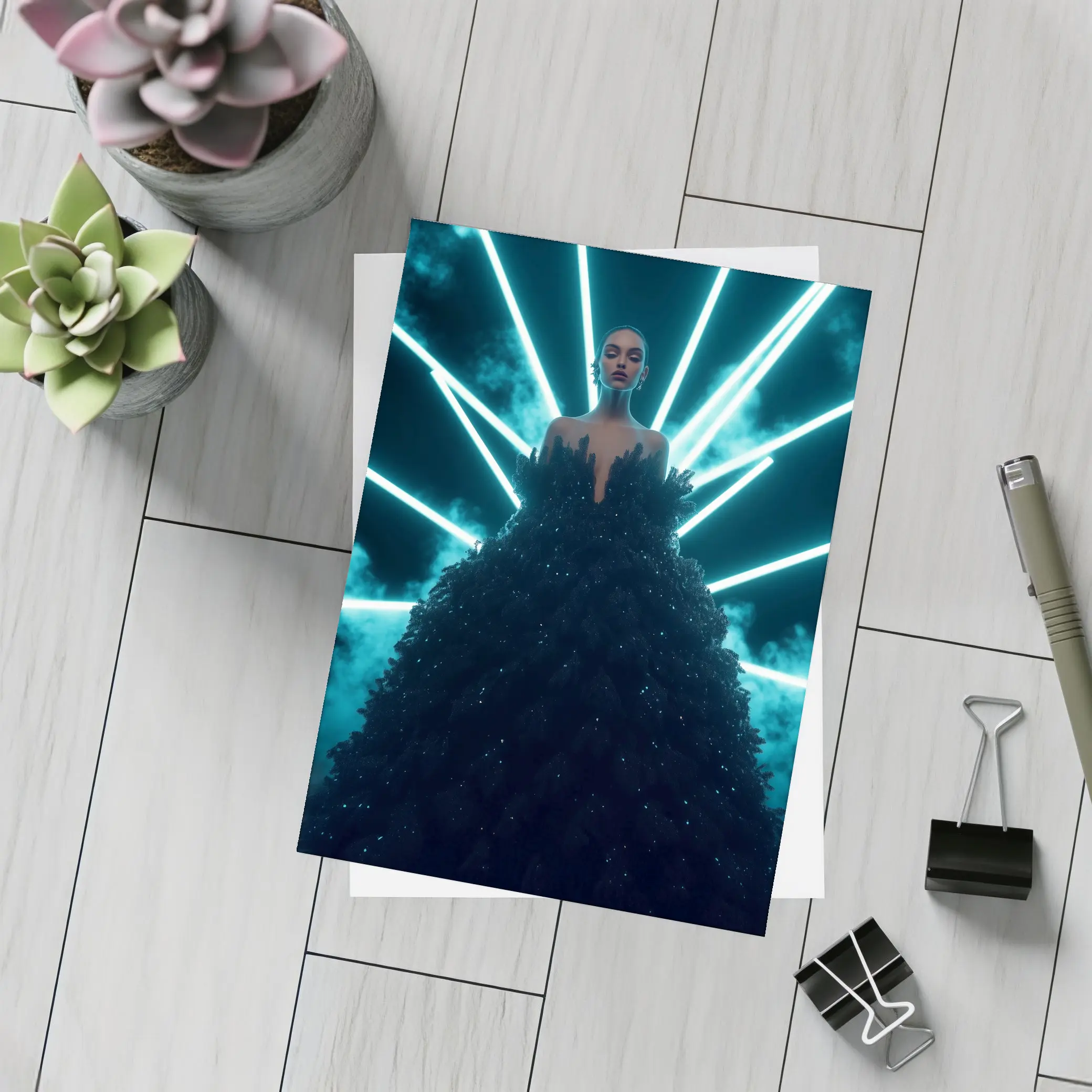 Woman Black Gown Neon Cyan Light Rays – Postcards