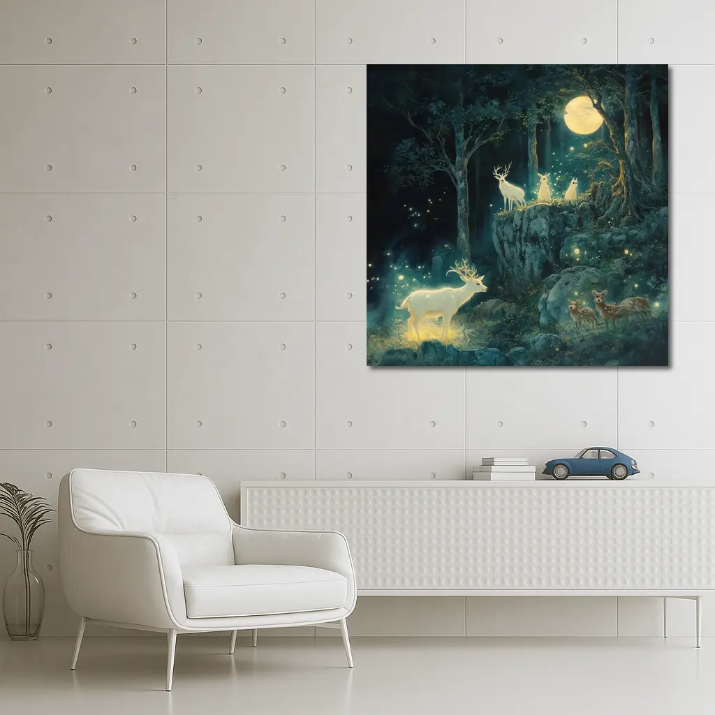 Glowing White Deer Moonlit Enchanted Forest – Wall Art