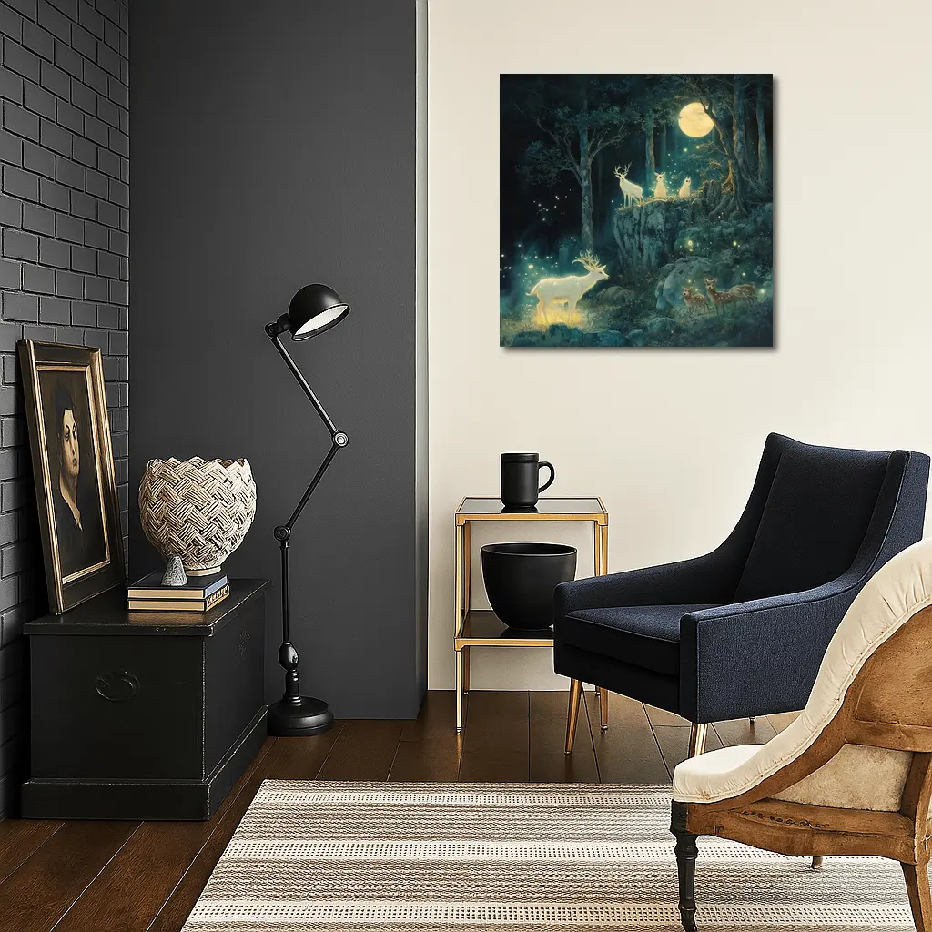Glowing White Deer Moonlit Enchanted Forest – Wall Art