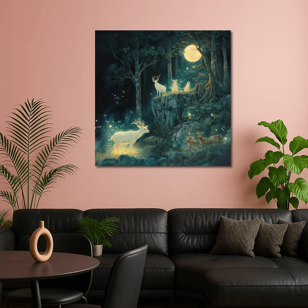 Glowing White Deer Moonlit Enchanted Forest – Wall Art