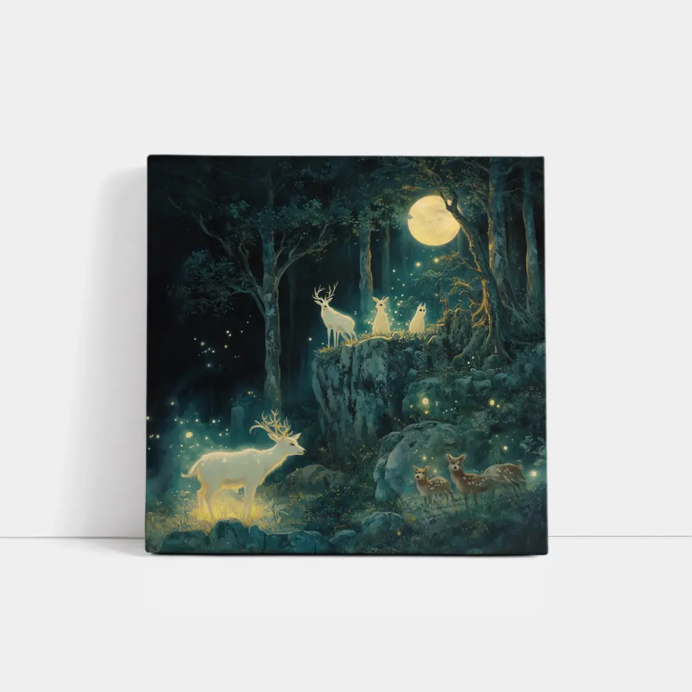 Glowing White Deer Moonlit Enchanted Forest – Wall Art