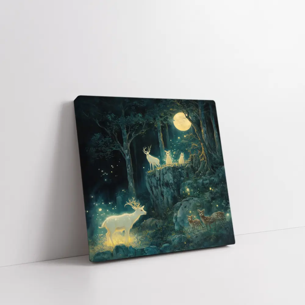 Glowing White Deer Moonlit Enchanted Forest – Wall Art