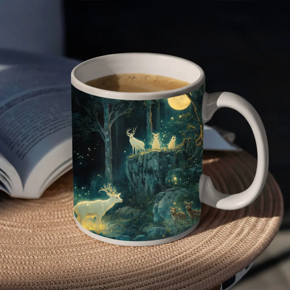 Glowing White Deer Moonlit Enchanted Forest – Mugs