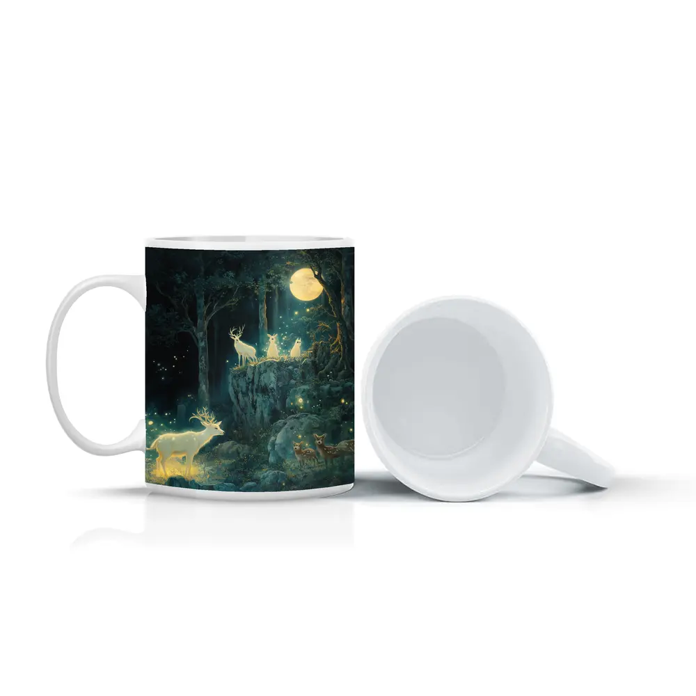 Glowing White Deer Moonlit Enchanted Forest – Mugs