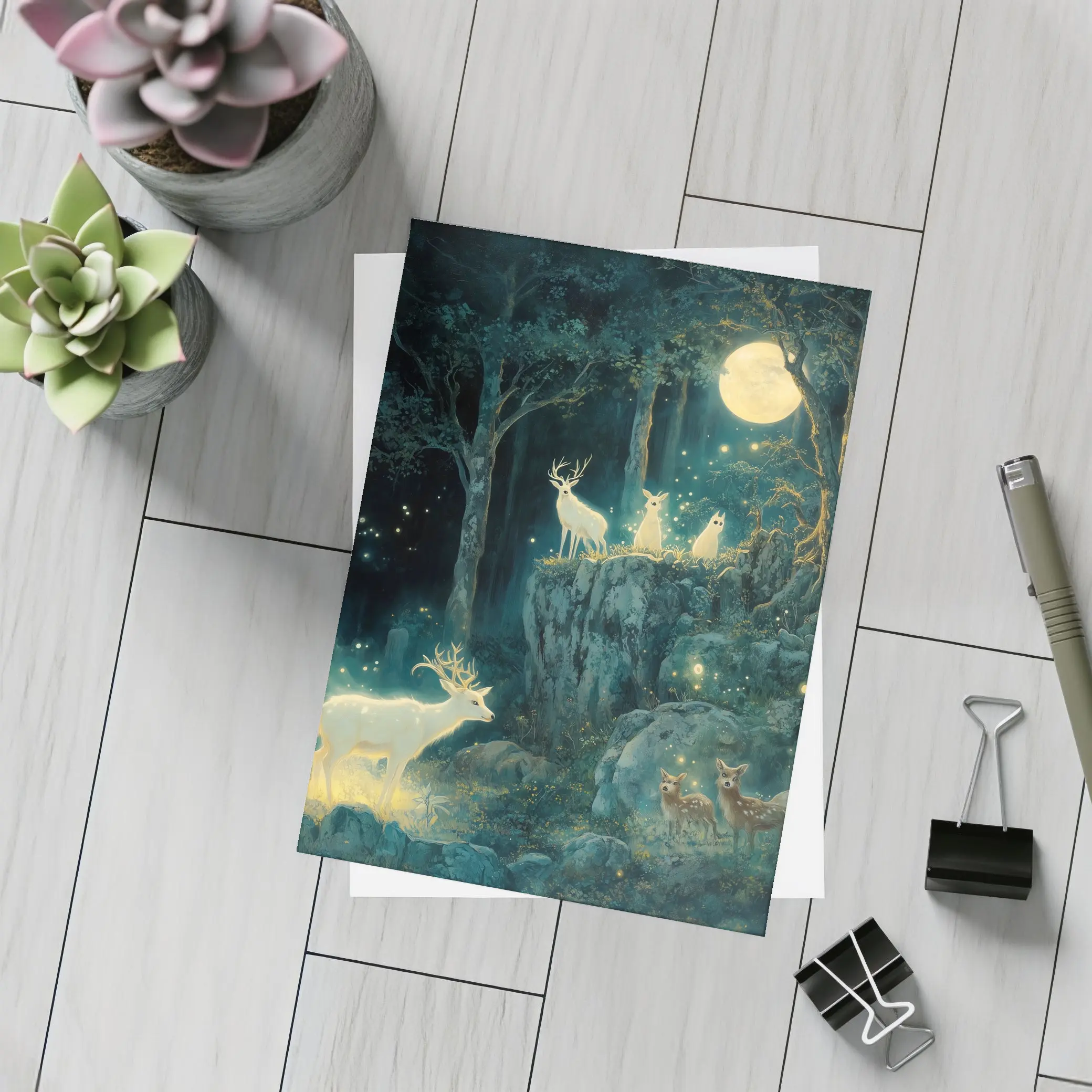Glowing White Deer Moonlit Enchanted Forest – Postcards