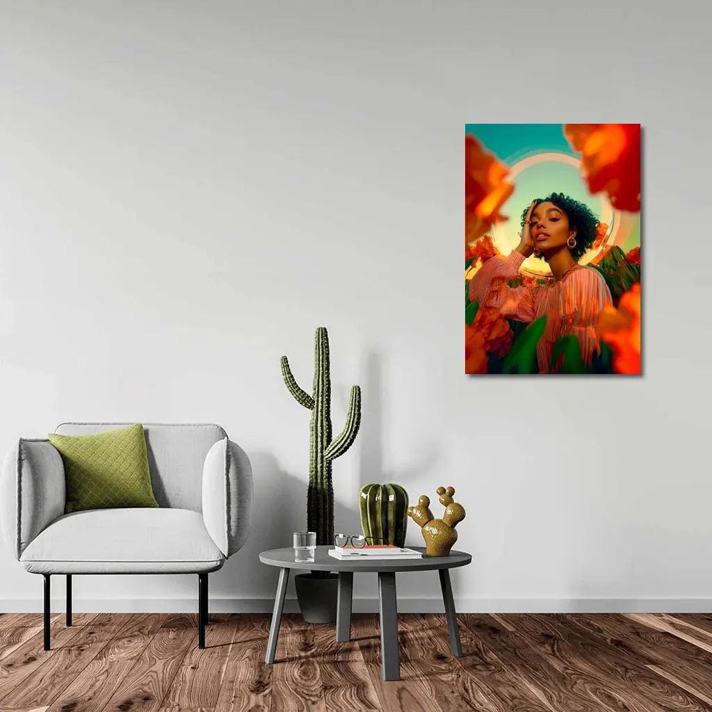 Woman Among Red Flowers Surreal Portrait – Wall Art