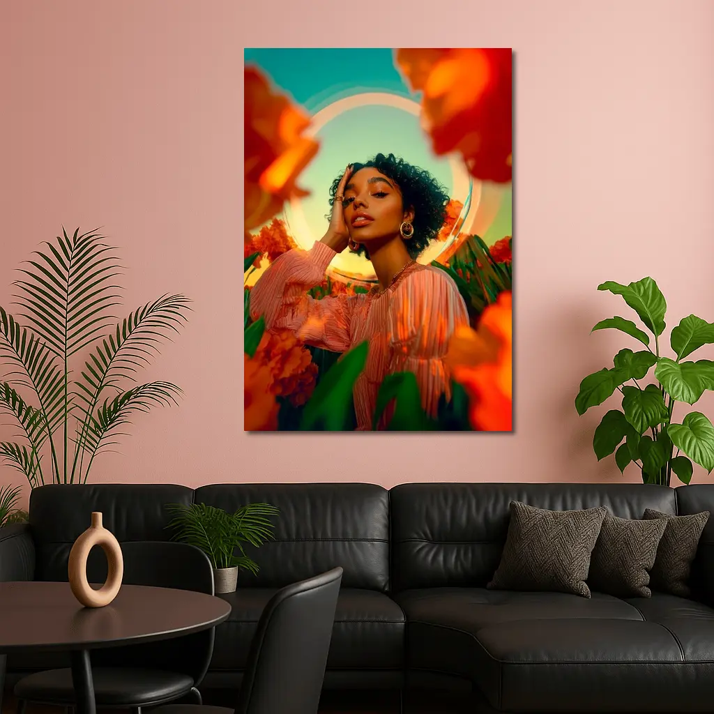 Woman Among Red Flowers Surreal Portrait – Wall Art