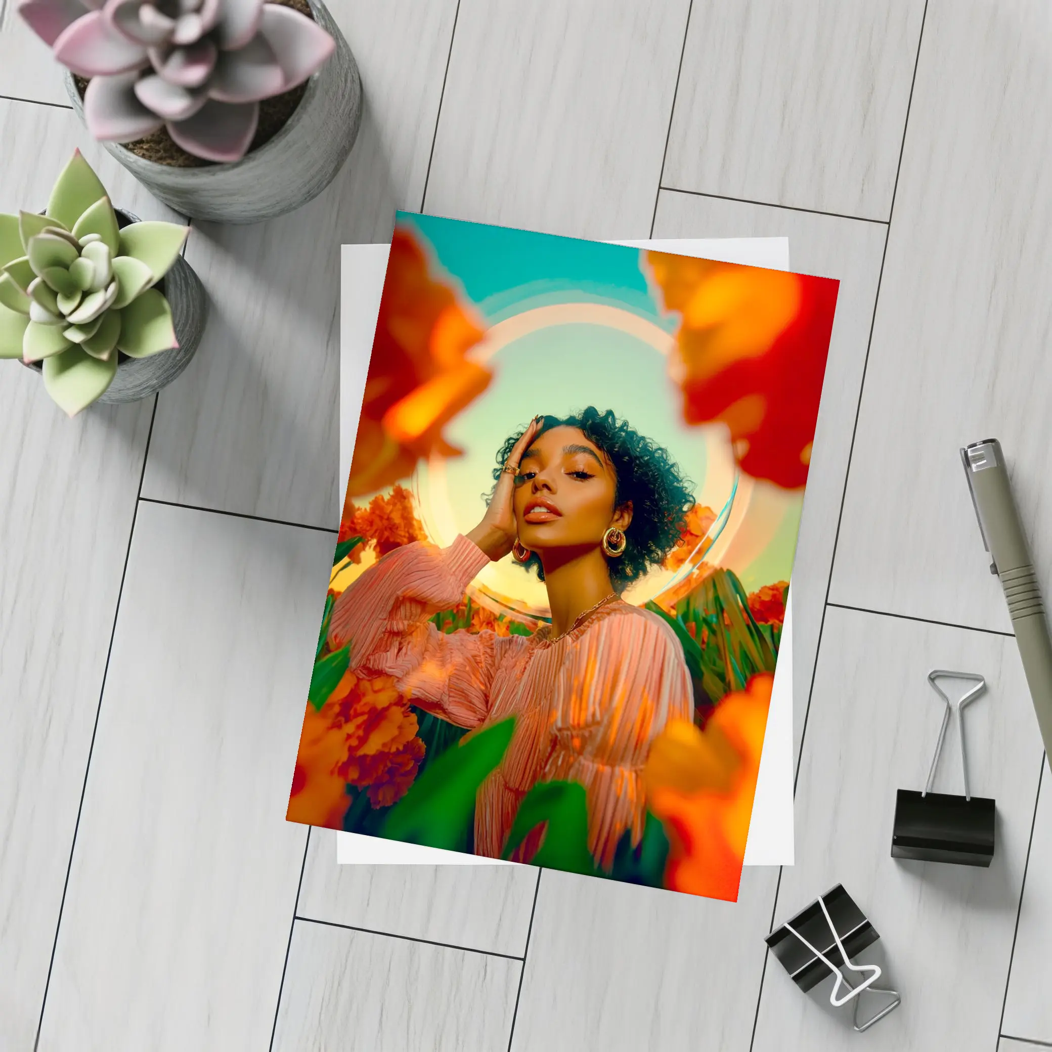 Woman Among Red Flowers Surreal Portrait – Postcards